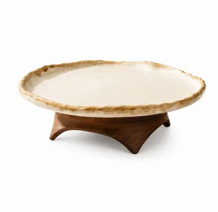 Plats et saladiers - Plat de service sur pied en céramique avec socle en bois - DASTHAA