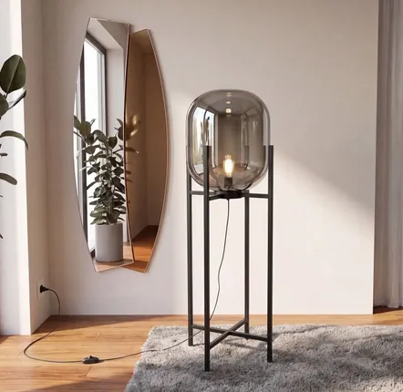 Floor lamps - Floor lamp in grey smoked mirror-effect glass and black steel - ANGEL CERDÁ
