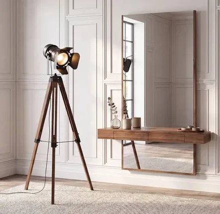 Floor lamps - Floor lamp in black steel and walnut-coloured pine wood - ANGEL CERDÁ