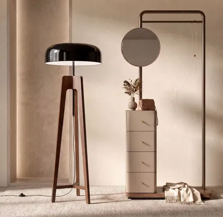 Floor lamps - Floor lamp in black and white aluminium and walnut-coloured pine wood - ANGEL CERDÁ