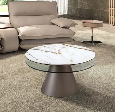 Coffee tables - Extendable round coffee table in tempered glass, porcelain marble and silver-grey steel - ANGEL CERDÁ