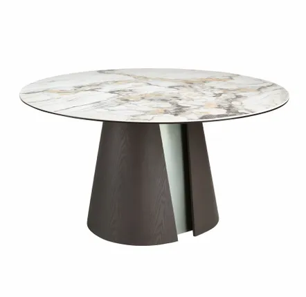 Dining Tables - Round dining table in porcelain marble, dark ash oak and silver-coloured wood - ANGEL CERDÁ