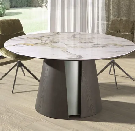 Dining Tables - Round dining table in porcelain marble, dark ash oak and silver-coloured wood - ANGEL CERDÁ