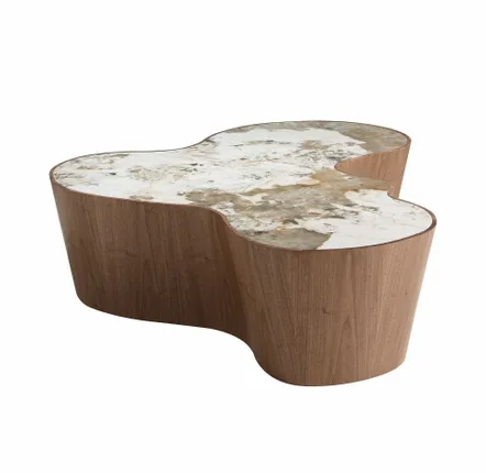 Coffee tables - Organic-Shaped Porcelain Marble and Walnut Coffee Table - ANGEL CERDÁ