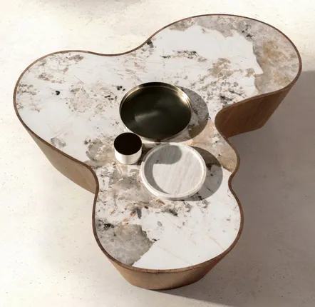 Coffee tables - Organic-Shaped Porcelain Marble and Walnut Coffee Table - ANGEL CERDÁ