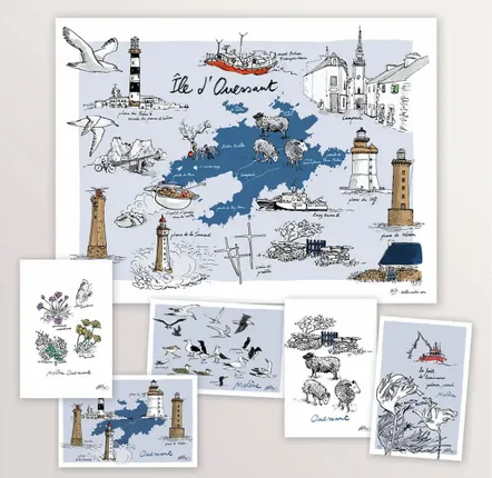 Affiches - Ouessant : carte de l'île illustrée et jeu de cartes postales - TABLE À CARTES