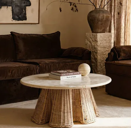 Coffee tables - Plissé Marble & Rattan Coffee Table - LO-FI HOUSE