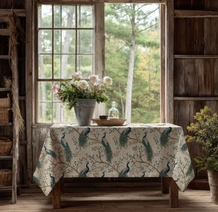 Table cloths - 100% linen tablecloth CHINOISERIE PEACOCK 140x250 cm - NORRAVILLA