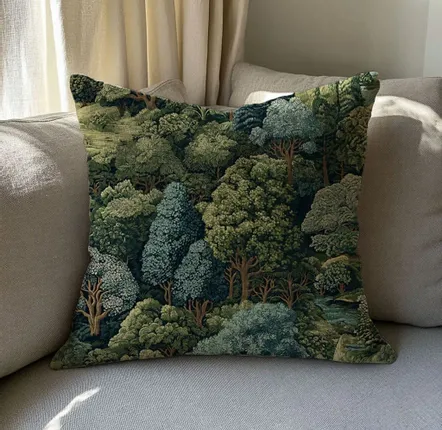 Fabric cushions - 100% linen pilowcase - Green forest - Verdure tapestry print - NORRAVILLA
