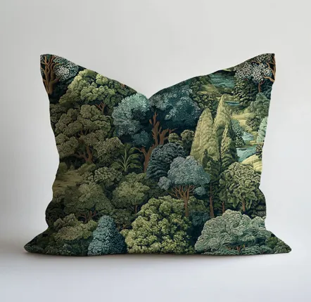 Fabric cushions - 100% linen pilowcase - Green forest - Verdure tapestry print - NORRAVILLA