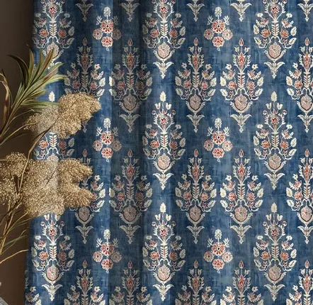 Rideaux et voilages - Rideaux 100 % lin - Motif bleu indien sur lin épais - NORRAVILLA