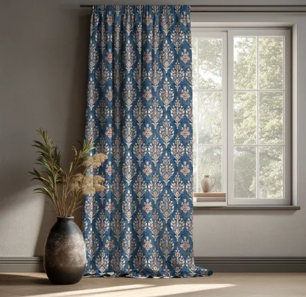 Rideaux et voilages - Rideaux 100 % lin - Motif bleu indien sur lin épais - NORRAVILLA