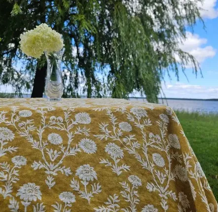 Table cloths - 100% linen tablecloth - Mustard flower print on heavy linen - NORRAVILLA