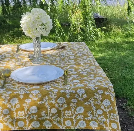 Table cloths - 100% linen tablecloth - Mustard flower print on heavy linen - NORRAVILLA