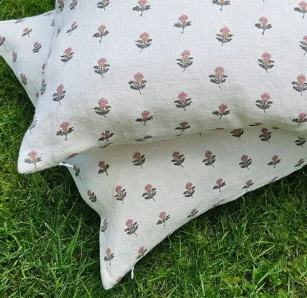 Comforters and pillows - 100% Linen Pillowcase - Beige small flowers print on heavy linen - NORRAVILLA