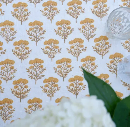 Table cloths - 100% linen tablecloth - Floral Yellow Tansy print on heavy linen - NORRAVILLA