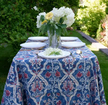 Table cloths - 100% linen tablecloth - Blue Indian floral print on heavy linen - NORRAVILLA
