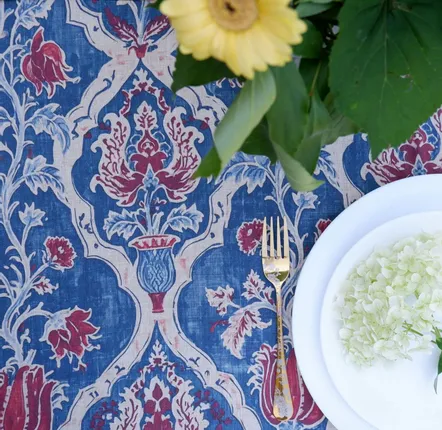 Table cloths - 100% linen tablecloth - Blue Indian floral print on heavy linen - NORRAVILLA