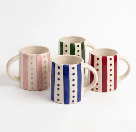 Assiettes au quotidien - Tasse à rayures et pois | Grès céramique peint à la main | 4 pouces - CASA AMAROSA