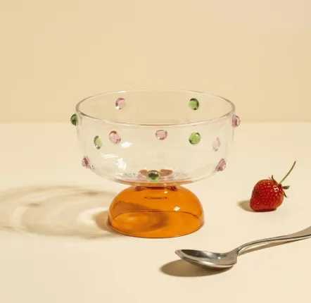 Glass - Borosilicate Glass Dessert Bowl | Confetti Dot Rim | 4x3 In - CASA AMAROSA