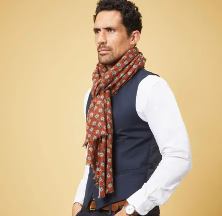 Foulards et écharpes - CHÈCHE HOMME KADMAT — MOTIFS FLEURIS IMPRIMÉS CAMEL & BLEU COTON BIO - AV08 PARIS