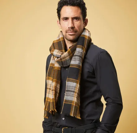 Scarves - SENJA MEN'S SCARF — BLACK & CAMEL SCOTTISH TARTAN WOOL - AV08 PARIS