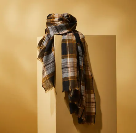 Scarves - SENJA MEN'S SCARF — BLACK & CAMEL SCOTTISH TARTAN WOOL - AV08 PARIS