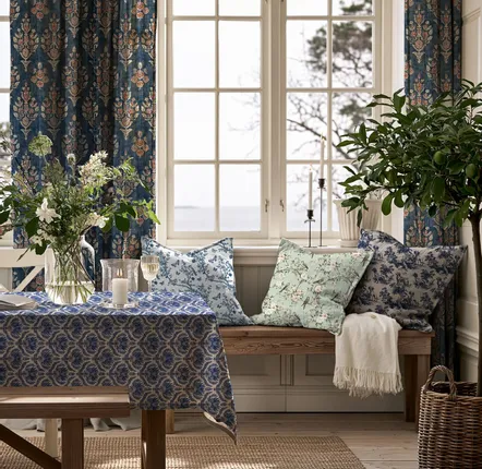 Rideaux et voilages - Rideaux 100 % lin - Motif bleu indien sur lin épais - NORRAVILLA