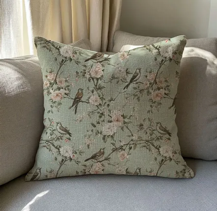 Fabric cushions - 100% Linen Pillowcase - Toile de jouy birds in spring blossom - NORRAVILLA