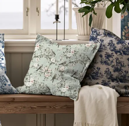 Fabric cushions - 100% Linen Pillowcase - Toile de jouy birds in spring blossom - NORRAVILLA