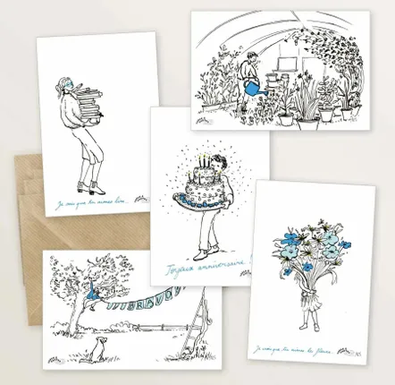 Card shop - 5 postcards: Blue Words - TABLE À CARTES