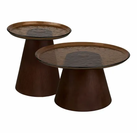 Tables basses - Ensemble de table basse, placage/verre en frêne Orvieto, marron, ø80x42 & ø50x48 cm - HOUSE NORDIC