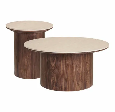 Tables basses - Ensemble de table basse, table basse Delphi, plateau en céramique, travertin/marron foncé, ø80x40 & ø45x50 cm - HOUSE NORDIC