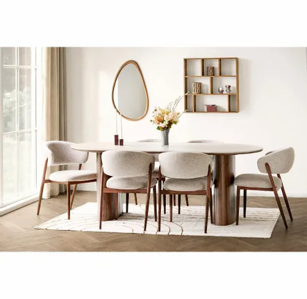Tables Salle à Manger - Table à manger Delphi, plateau en céramique, travertin/marron foncé, 100x210x76 cm - HOUSE NORDIC