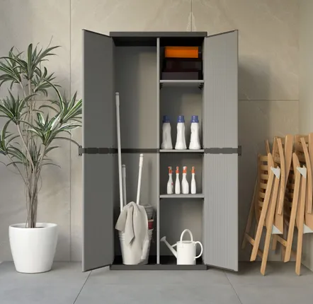 Shelves - Mongardi: Resin Broom Cabinet with Two Doors, Easy to Assemble, Modular System, Indoor and Outdoor, 68W × 38.5D × 165H cm, Grey and Black - MONGARDI