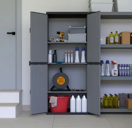 Shelves - Mongardi: 3-Shelf Resin Cabinet with Two Doors, Easy to Assemble, Modular System, Indoor and Outdoor, 68W × 38.5D × 165H cm, Grey and Black - MONGARDI