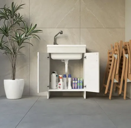 Sinks - Mongardi: Wooden Utility Sink Cabinet with Resin Tub, Pre-Drilled for Tap Installation, Acid-Resistant, Indoor, 60W × 60D × 85H cm, White - MONGARDI