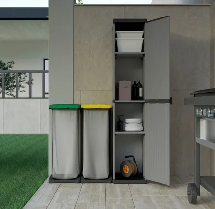 Shelves - Mongardi: 3-Shelf Resin Cabinet with One Door, Easy to Assemble, Modular System, Indoor and Outdoor, 34W × 38.5D × 165H cm, Grey and Black - MONGARDI