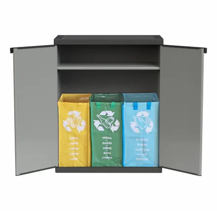 Shelves - Mongardi: Resin Cabinet with Two Doors for Waste Sorting, Easy to Assemble, Compact, Modular System, Indoor and Outdoor, 68W × 38.5D × 85H cm, Grey and Black - MONGARDI