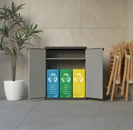 Shelves - Mongardi: Resin Cabinet with Two Doors for Waste Sorting, Easy to Assemble, Compact, Modular System, Indoor and Outdoor, 68W × 38.5D × 85H cm, Grey and Black - MONGARDI