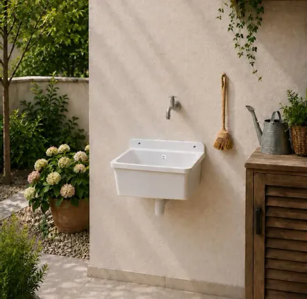 Sinks - Mongardi: Resin Utility Sink, Wall-Mounted, Acid-Resistant, Indoor and Outdoor, 39W × 39D × 24H cm, White - MONGARDI
