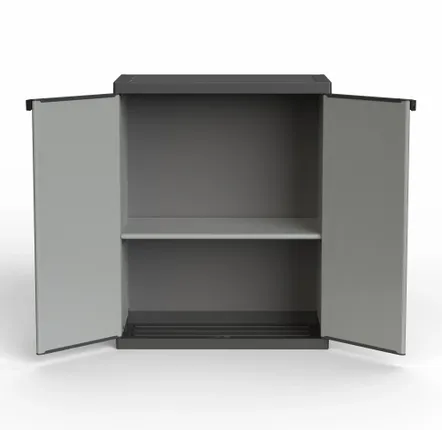Shelves - Mongardi: Resin Cabinet with Two Doors and One Shelf, Easy to Assemble, Compact, Modular System, Indoor and Outdoor, 68W × 38.5D × 85H cm, Grey and Black - MONGARDI