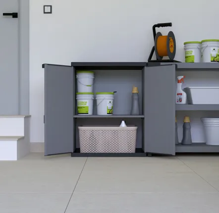 Shelves - Mongardi: Resin Cabinet with Two Doors and One Shelf, Easy to Assemble, Compact, Modular System, Indoor and Outdoor, 68W × 38.5D × 85H cm, Grey and Black - MONGARDI
