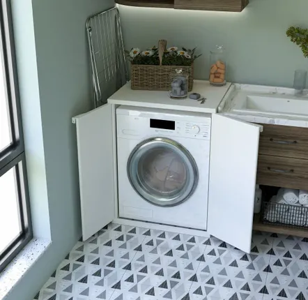 Sinks - Mongardi: Resin Washing Machine Cover, Universal, Easy to Assemble, Indoor and Outdoor, 68.5W x 64.5D x 88H cm, White - MONGARDI