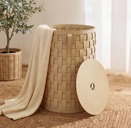 Corbeilles - Panier de rangement décoratif cylindrique en cuir régénéré couleur sable avec couvercle - ANGEL CERDÁ