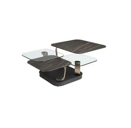 Tables basses - Table basse extensible carrée en verre trempé et marbre céramique, acier couleur dorée et acier noir - ANGEL CERDÁ