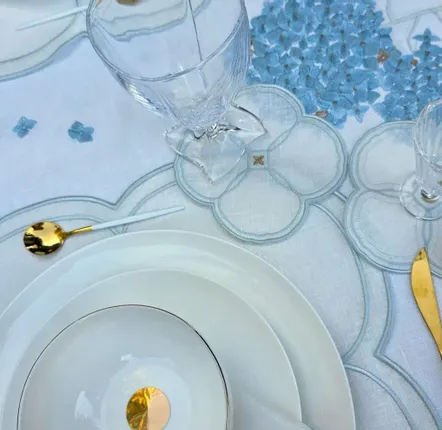 Linge de table textile - FLEUR D'HORTENSIA - serviette, set de table et dessous de verre - ARTIPARIS