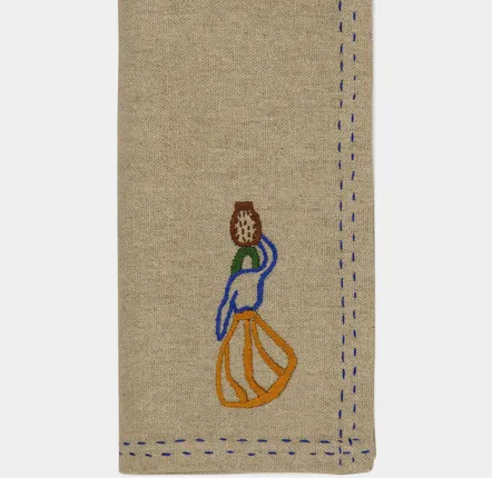 Table linen - HAND-EMBROIDERED COMPORTA THE WATER CARRIER BEIGE LINEN WITH MULTICOLO - HOUSE OF CAPRICORN