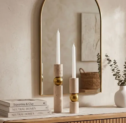 Candlesticks and candle holders - Handcrafted Travertine Brass Candle Holder Set Sculptural Candlestick - BELS & PEARL
