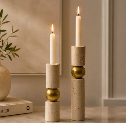 Candlesticks and candle holders - Handcrafted Travertine Brass Candle Holder Set Sculptural Candlestick - BELS & PEARL
